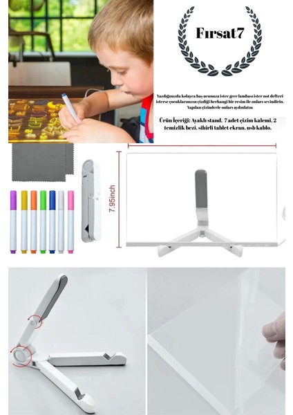 LED Işıklı Çizim Tableti Ayarlanabilir Standlı Silinebilir Usbli Eğitici 7 Kalem Hediyeli LED Tabled
