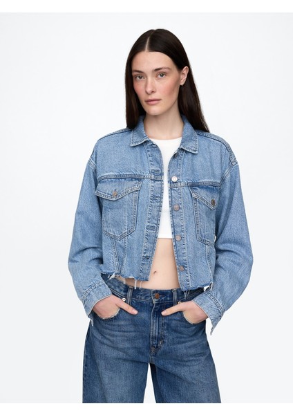 Kadın Mavi Ultrasoft Relaxed Crop Icon Denim Ceket