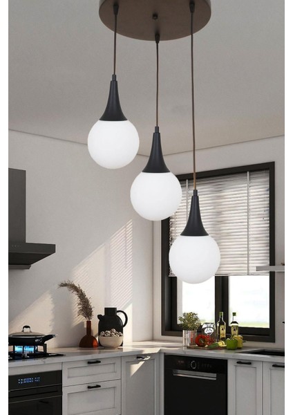 Suzi 3 Lü Siyah Tepsili Sarkıt Avize Beyaz Camlı Dekoratif Tasarım Yatak Odası Mutfak Salon Avize