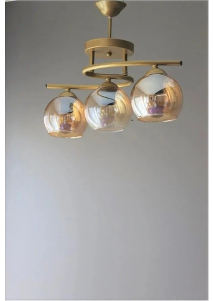 Fuji Modern Dekoratif Salon - Mutfak - Yatak Odası Eskitme Renk Bal Camlı 3 Lü Avize
