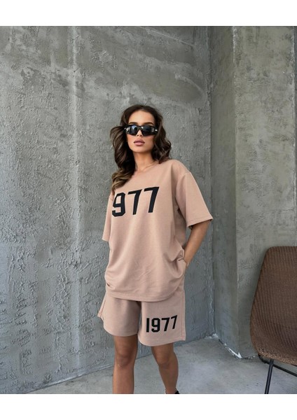 T-Shirt Şort - Alt Üst Kombin Şort Tişört Takım Baskılı Oversize Bisiklet Yaka