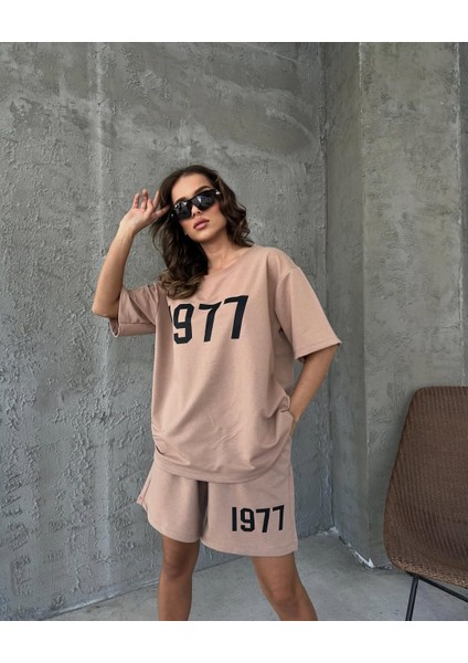 T-Shirt Şort - Alt Üst Kombin Şort Tişört Takım Baskılı Oversize Bisiklet Yaka