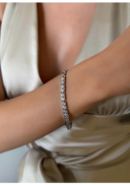 Gümüş Rengi Zirkon Taşlı Vip Seri Bileklik 17,5 +2 cm