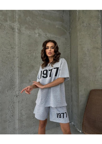T-Shirt Şort - Alt Üst Kombin Şort Tişört Takım Baskılı Oversize Bisiklet Yaka
