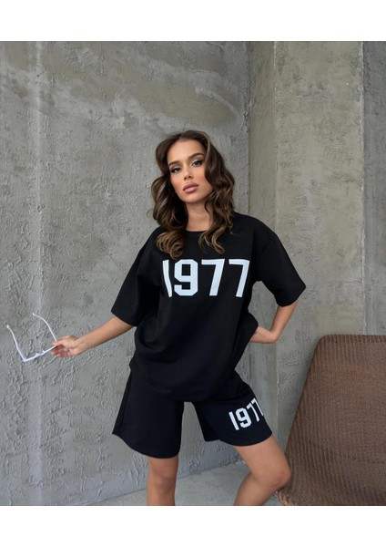T-Shirt Şort - Alt Üst Kombin Şort Tişört Takım Baskılı Oversize Bisiklet Yaka