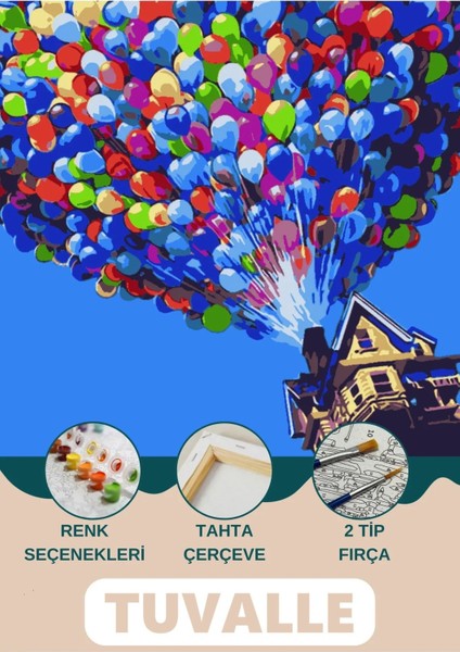 Özgür Balon Ev Sayılarla Boyama Seti, Hobi Seti, 40X50 Tablo, Fırça Boya Asma Aparatı Dahil
