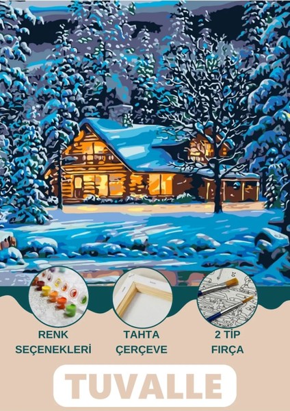 Dağ Evi Sayılarla Boyama Seti, Hobi Seti, 40X50 Tablo, Fırça Boya Asma Aparatı Dahil, Kar, Doğa