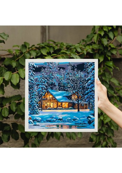 Dağ Evi Sayılarla Boyama Seti, Hobi Seti, 40X50 Tablo, Fırça Boya Asma Aparatı Dahil, Kar, Doğa