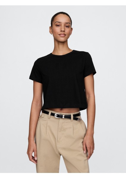 Kadın Siyah %100 Organik Pamuk Vintage Soft Crop T-Shirt