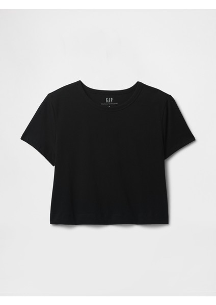Kadın Siyah %100 Organik Pamuk Vintage Soft Crop T-Shirt fiyatları