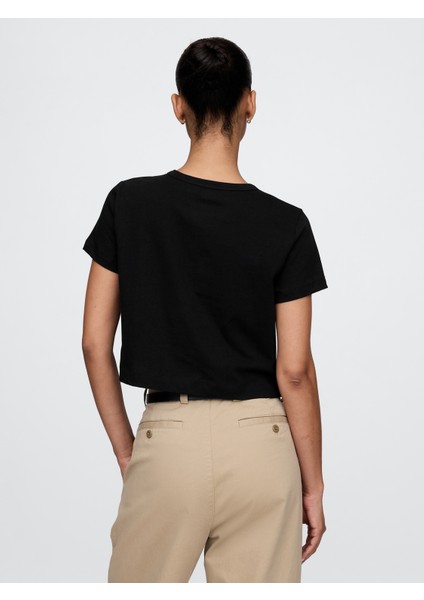 Kadın Siyah %100 Organik Pamuk Vintage Soft Crop T-Shirt modelleri