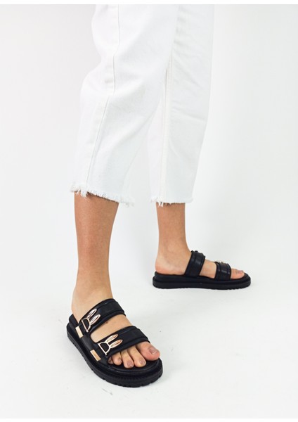 Siyah Renk Tavşan Toka Ayrıntılı Düz Taban Kadın Terlik fiyatları