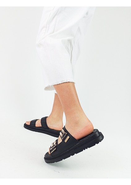 Siyah Renk Tavşan Toka Ayrıntılı Düz Taban Kadın Terlik modelleri