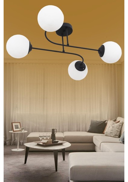 Capri 4 Lü Siyah Avize Beyaz Camlı Dekoratif Tasarım Yatak Odası Mutfak Salon Avize