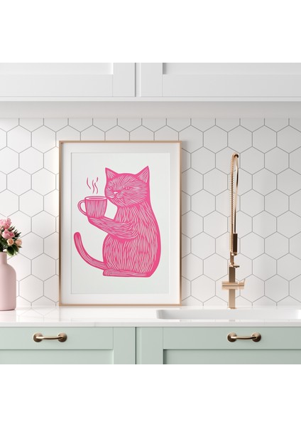 Pembe Kedi Kahve Duvar Sanatı – Linolyum Baskı Tarzı Komik Kedi Poster, Mutfak Veya Ofis Dekoru