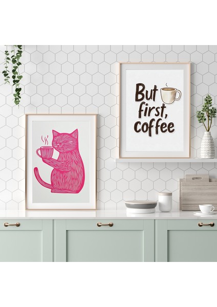 Pembe Kedi Kahve Duvar Sanatı – Linolyum Baskı Tarzı Komik Kedi Poster, Mutfak Veya Ofis Dekoru