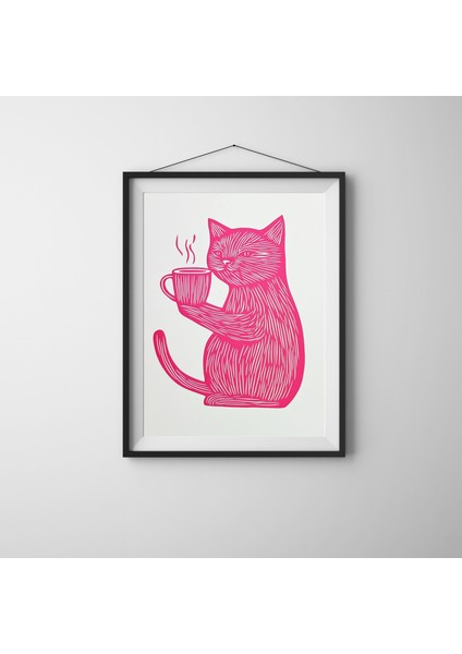 Pembe Kedi Kahve Duvar Sanatı – Linolyum Baskı Tarzı Komik Kedi Poster, Mutfak Veya Ofis Dekoru