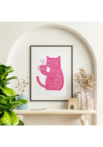 Pembe Kedi Kahve Duvar Sanatı – Linolyum Baskı Tarzı Komik Kedi Poster, Mutfak Veya Ofis Dekoru