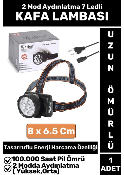Profesyonel Kamp Avcı Balıkçı Deprem Güçlü Işık 2 Mod Aydınlatma Şarjlı 7 Led'li Kafa Lambası