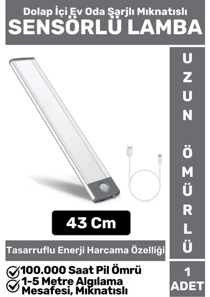 Premium Ev Oda Dolap Içi Çocuk Odası Gece Lambası Şarjlı Mıknatıslı Sensörlü Lamba 43 cm