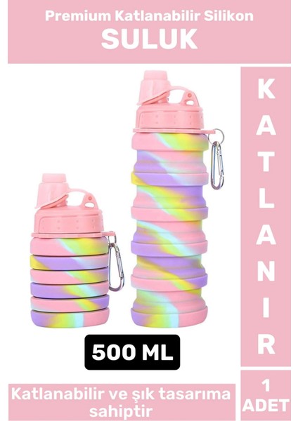 Premium Portatif Bpa Free Şık Kamp Spor Seyahat Silikon Katlanabilir Suluk 500 ml