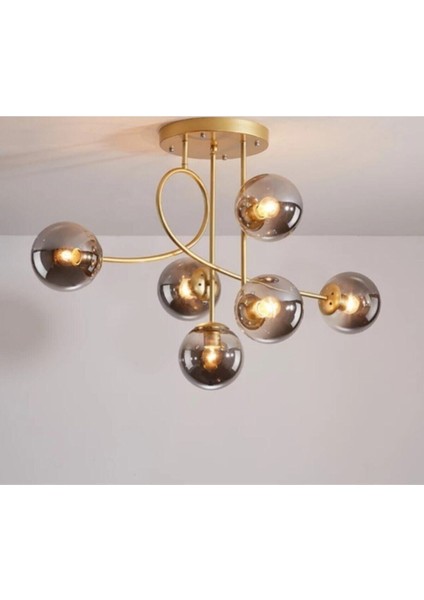 Jade 6'li Özel Tasarim Modern Spor Gold Renk Glop Füme Camlı Salon - Mutfak - Yatak Odası Avize