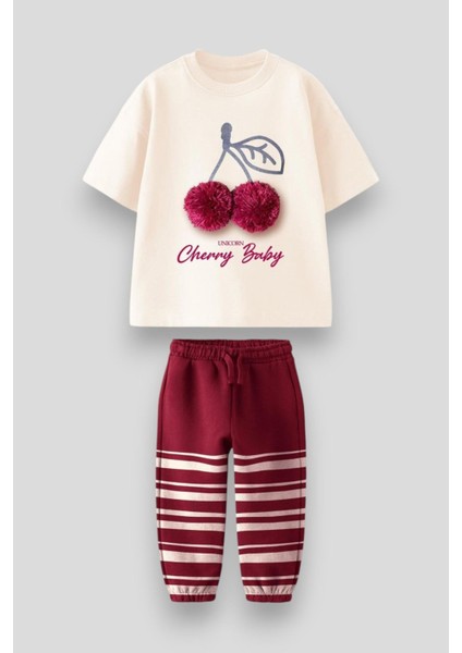 Kız Çocuk Pamuklu Krem Bordo Kiraz Ponponlu T-Shirt ve Eşofman Takımı
