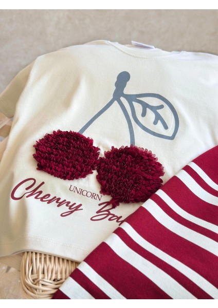 Kız Çocuk Pamuklu Krem Bordo Kiraz Ponponlu T-Shirt ve Eşofman Takımı