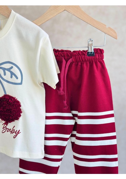 Kız Çocuk Pamuklu Krem Bordo Kiraz Ponponlu T-Shirt ve Eşofman Takımı