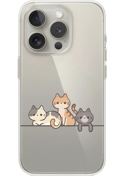 iPhone 15 Pro Max Uyumlu Şeffaf Kılıf Şeffaf Kedişler 4 Tasarımlı