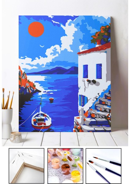 Sayılarla Boyama Seti - Sahilde Sandal | Tuval Şasesine Gerili 40X50 Ölçü | Fırça ve Akrilik Boya