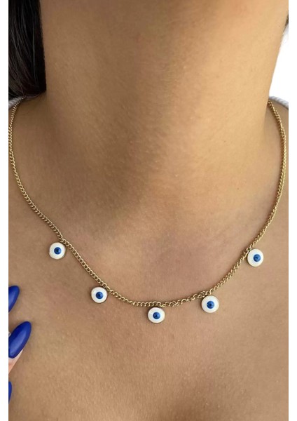 Beşli Nazar Boncuğu Çelik Charm Kolye