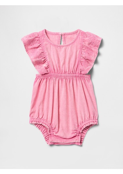 Bebek Pembe Balon Kol Denim Şort Tulum