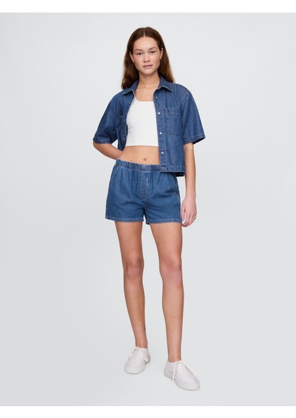 Kadın Mavi Mid Rise Ultrasoft Denim Boxer Şort modelleri