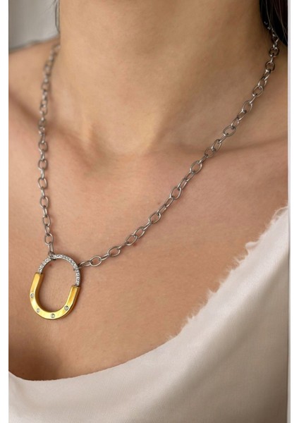 Iki Renkli Elips Taşlı Zincirli Çelik Kolye