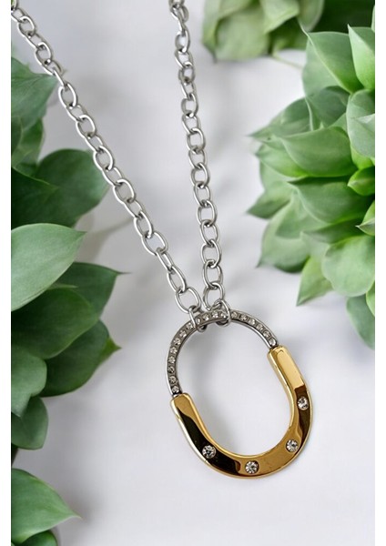 Iki Renkli Elips Taşlı Zincirli Çelik Kolye fiyatları