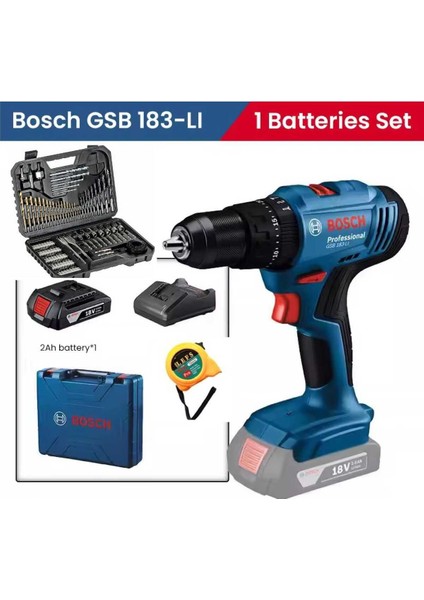 Gsb 183 Li Darbeli Tek Bataryalı Matkap Vidalama , Bosch 103 Parça Uç Aksesuar Seti ve Metre