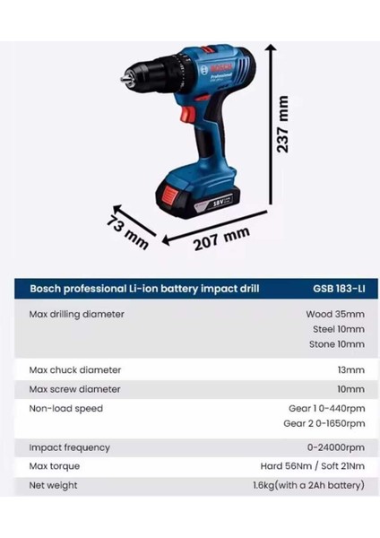 Gsb 183 Li Darbeli Tek Bataryalı Matkap Vidalama , Bosch 103 Parça Uç Aksesuar Seti ve Metre