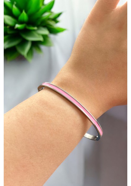 Pembe Şerit Detaylı Çelik Kelepçe Bileklik