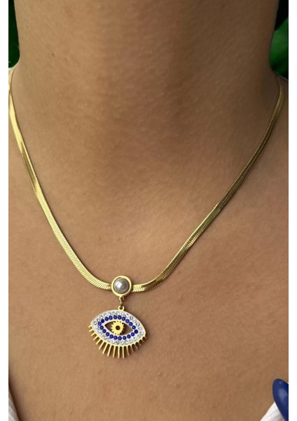 Italyan Taşlı Göz Çelik Charm Kolye