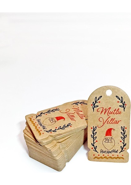 Noel Baba Temalı Yeni Yıl Etiketi - Mutlu Yıllar - Kıraft Yılbaşı Etiketi (3,5 x 6,5 Cm) 72 Adet