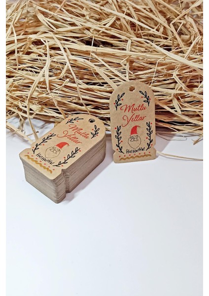 Noel Baba Temalı Yeni Yıl Etiketi - Mutlu Yıllar - Kıraft Yılbaşı Etiketi (3,5 x 6,5 Cm) 72 Adet indirimleri