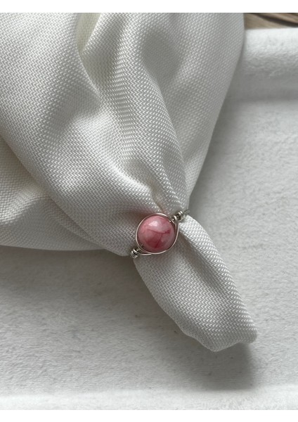 8 mm Pembe Opal Taşı Ayarlanabilir Gümüş Tel Yüzük