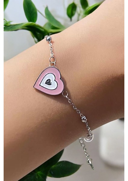 Iç Içe Pembe Kalp Charm Çelik Bileklik