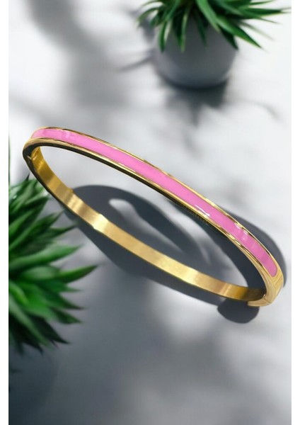 Pembe Şerit Detaylı Gold Çelik Kelepçe Bileklik