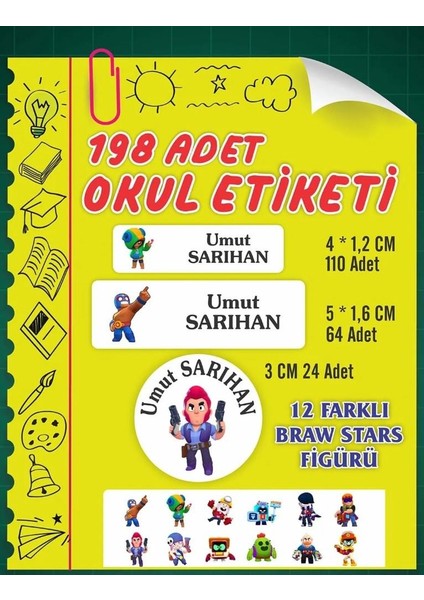 Isim Baskılı Defter Kalem Okul Etiketi ( 198 Adet Braw Stars Temalı )