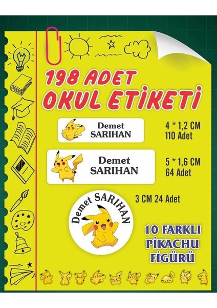 Isim Baskılı Defter Kalem Okul Etiketi ( 198 Adet Pikachu Temalı )