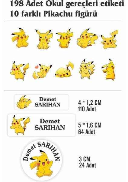 Isim Baskılı Defter Kalem Okul Etiketi ( 198 Adet Pikachu Temalı ) fiyatları
