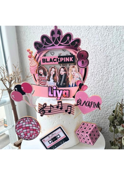 Blackpink Temalı Kız Çocuk Doğum Günü Isme Özel 3D Pasta Parti Süsü Seti Cake Topper (22 x 21 cm )
