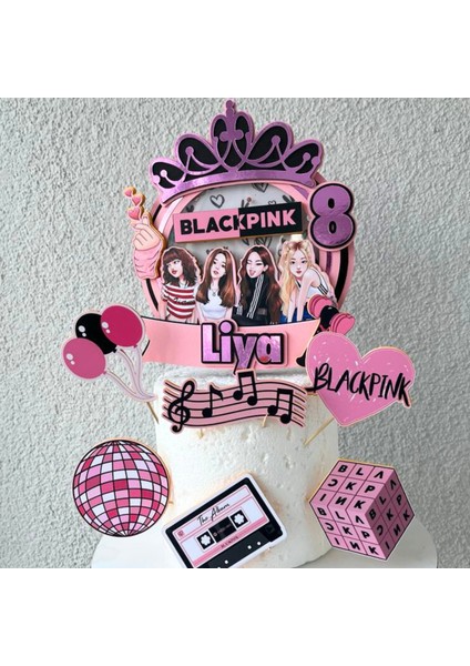 Blackpink Temalı Kız Çocuk Doğum Günü Isme Özel 3D Pasta Parti Süsü Seti Cake Topper (22 x 21 cm )